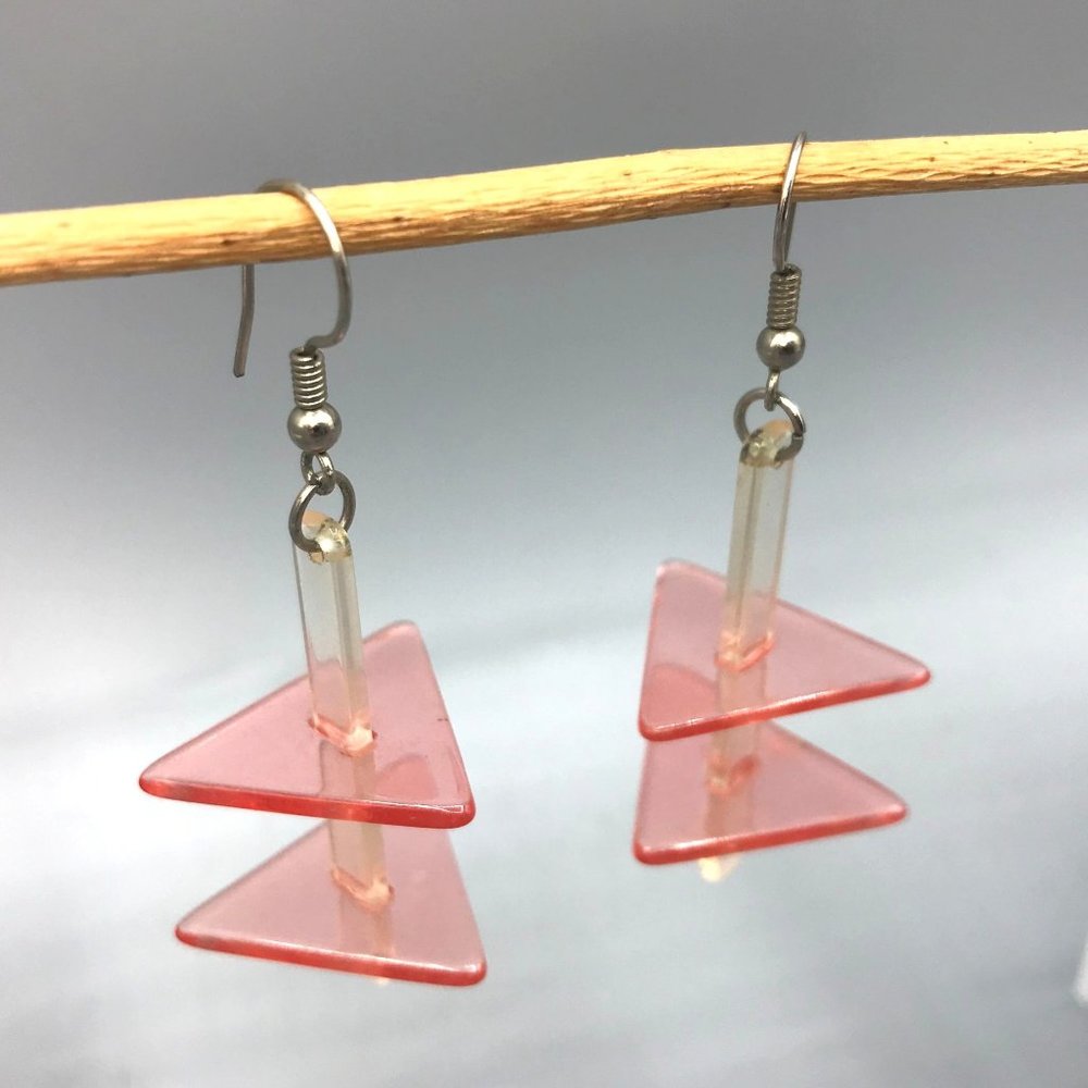 Vintage Acrylic Sculptural Abstract Dangle Earrings, Clear and Neon Pink OOAK